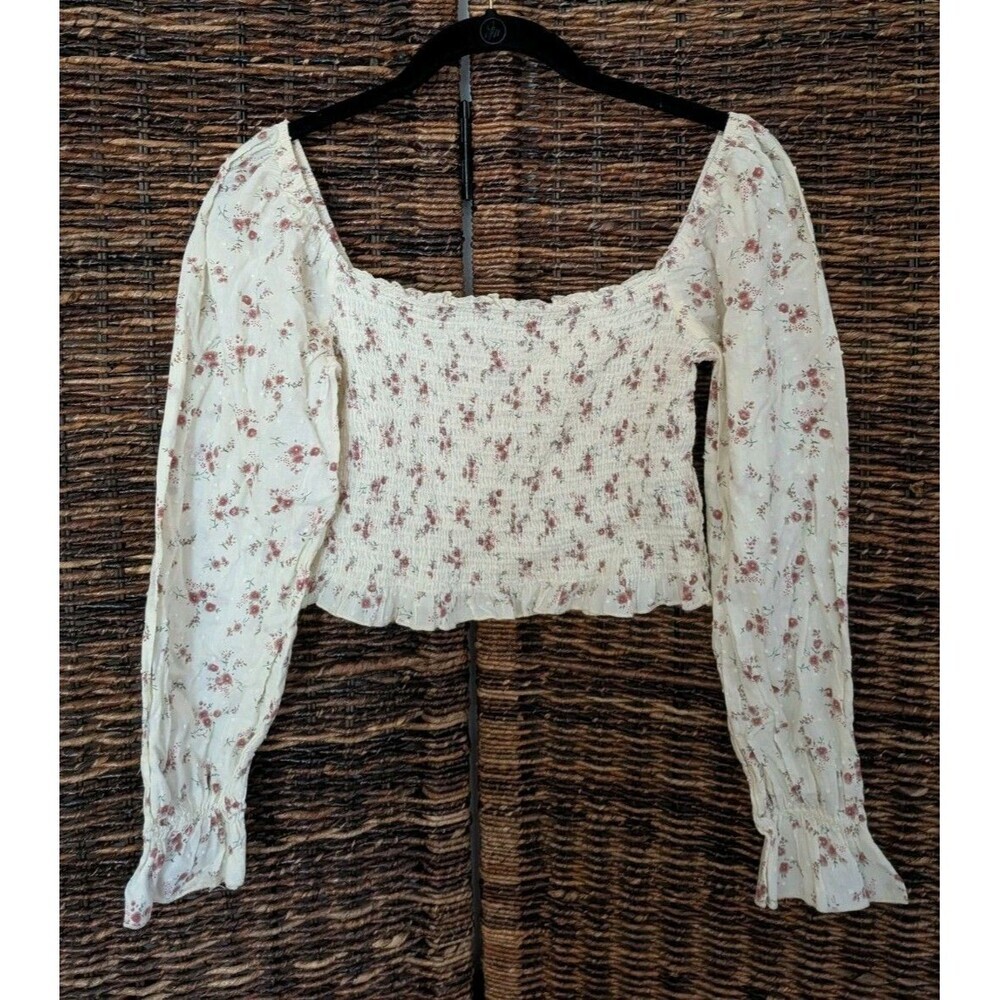 Y2K Balloon Sleeve Smocked Crop Top 90s Shirt Fairy Cottagecore Swiss Dot Ruffle - Picture 5 of 7